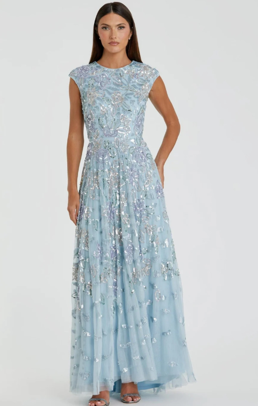 Mac Duggal 5647 Floral Sequin Bead High Neck Cap Sleeve Gown Sz 10 Formal Weddin